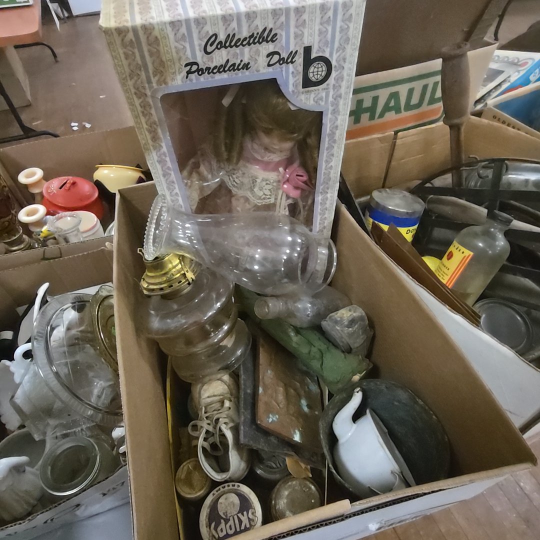 box lot with doll lamp handprint and more