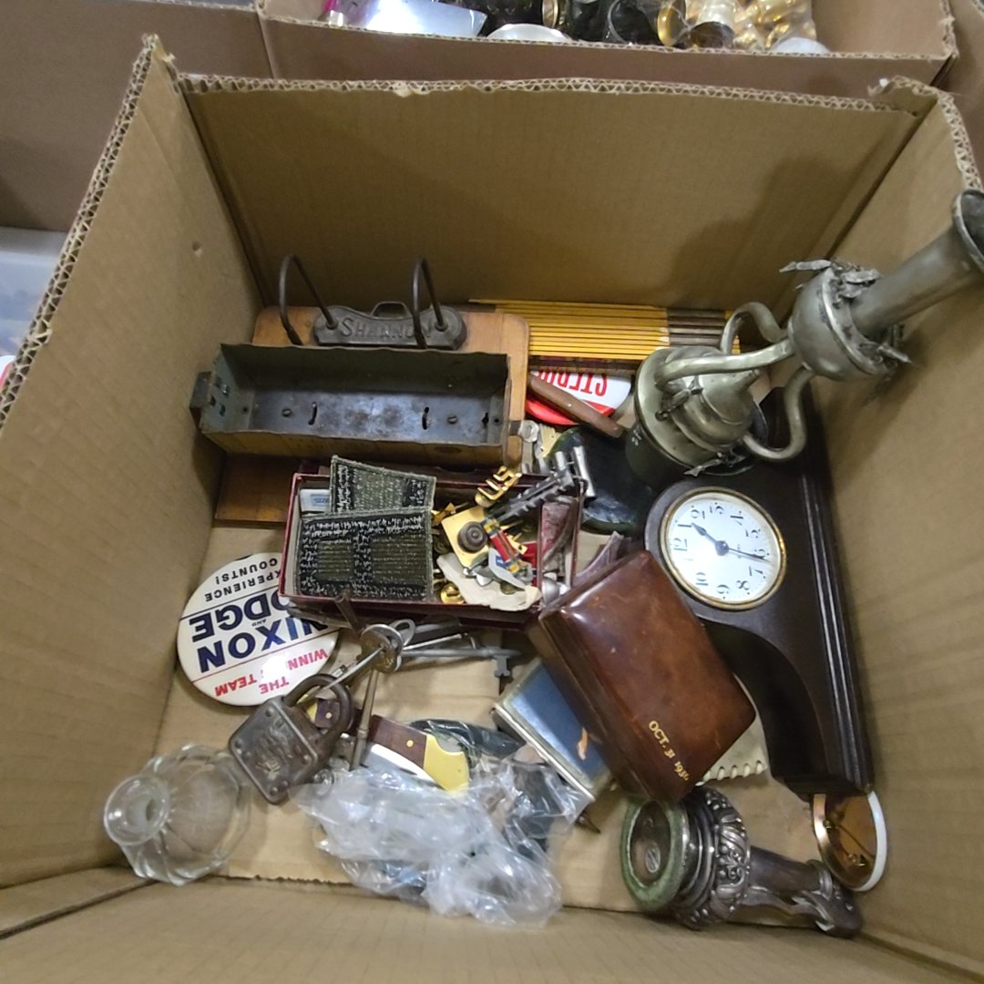 box lot of Smalls including clock locks train and more