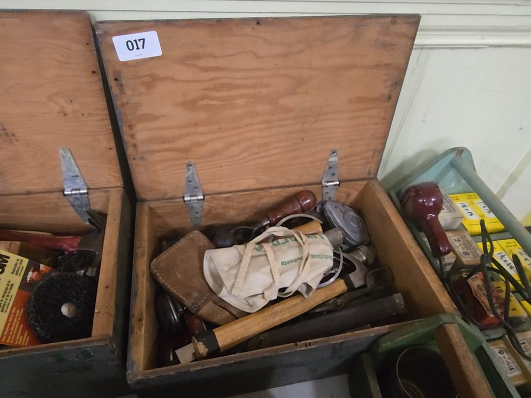 wooden Workshop boxlot grouping with tools including bit brace, hammer, and more
