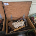 Lot 017 - Wooden Workshop Boxlot Grouping with Tools Including Bit Brace, Hammer, and More