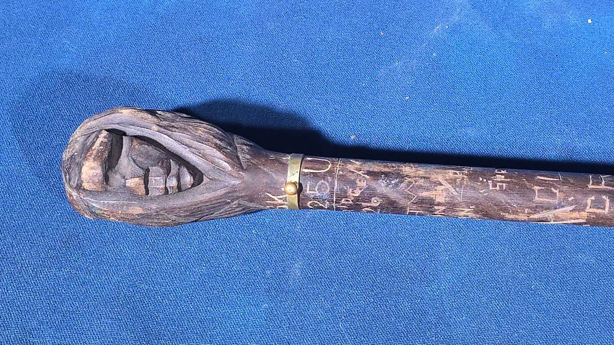 Antique Hand-Carved Walking Stick with Old Man of the Mountain Handle, Brass Collar, Named to Jack Dyer, Carved Signatures and Inscriptions, Dated 1925