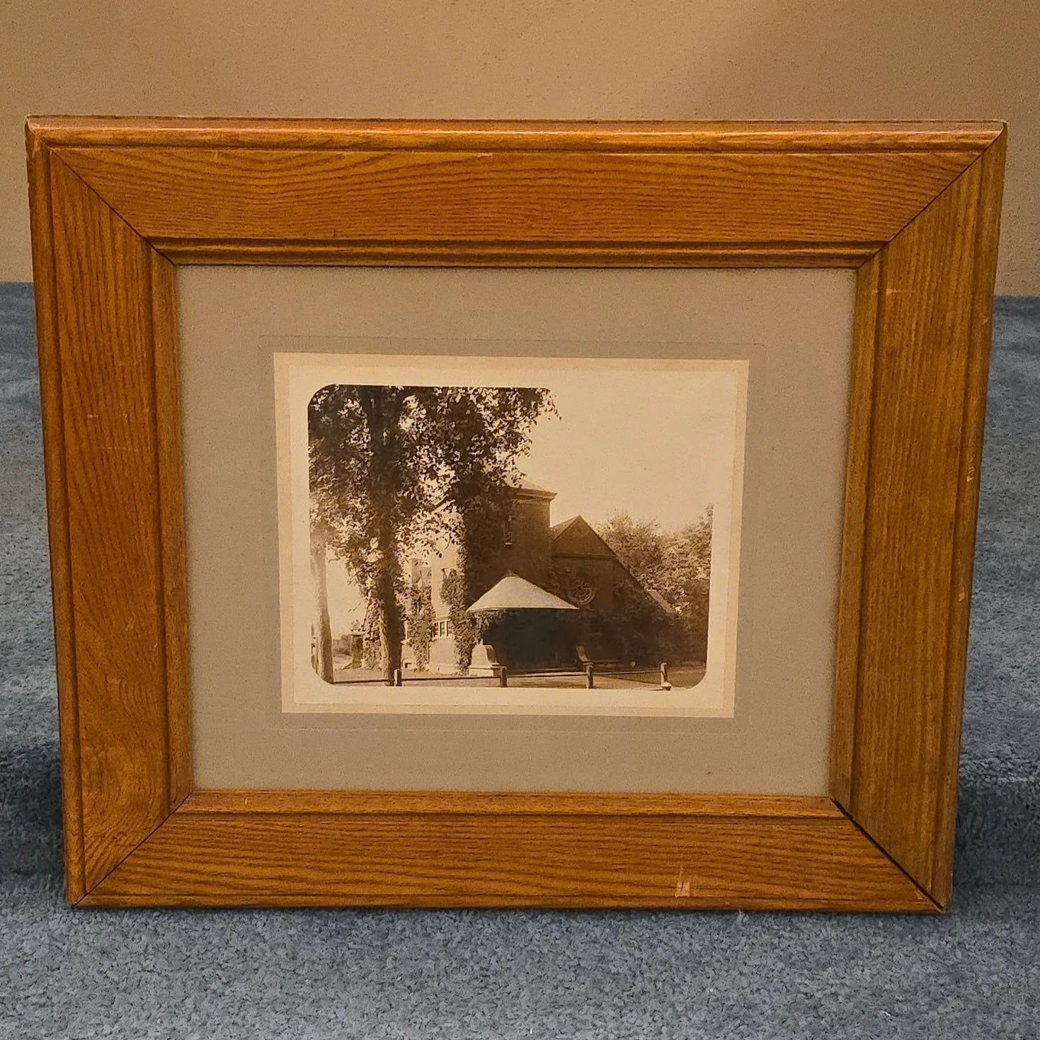 Antique Framed Sepia Photograph of an Ivy-Covered Church