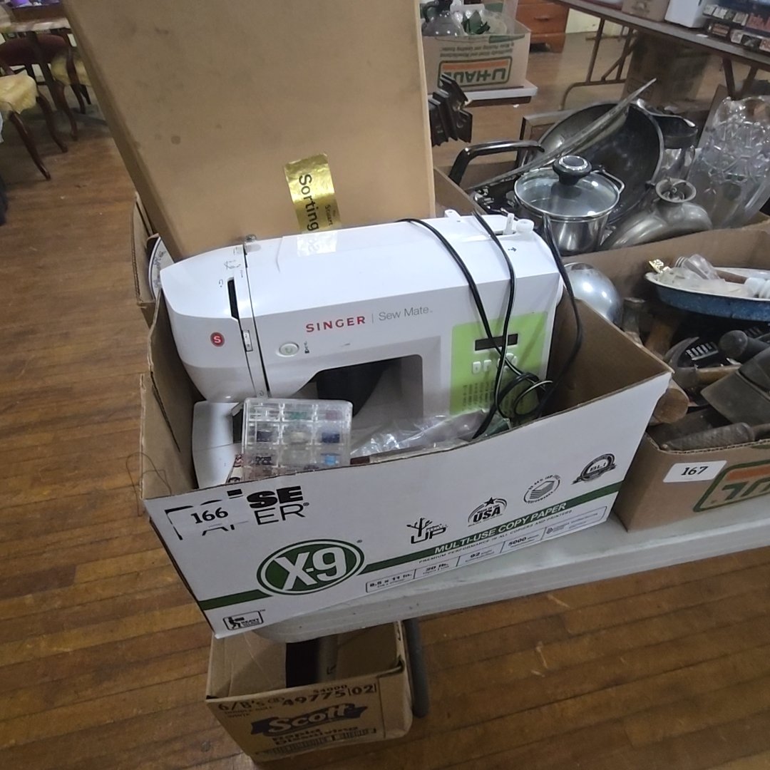 box lot with sewing machine and sewing accessories
