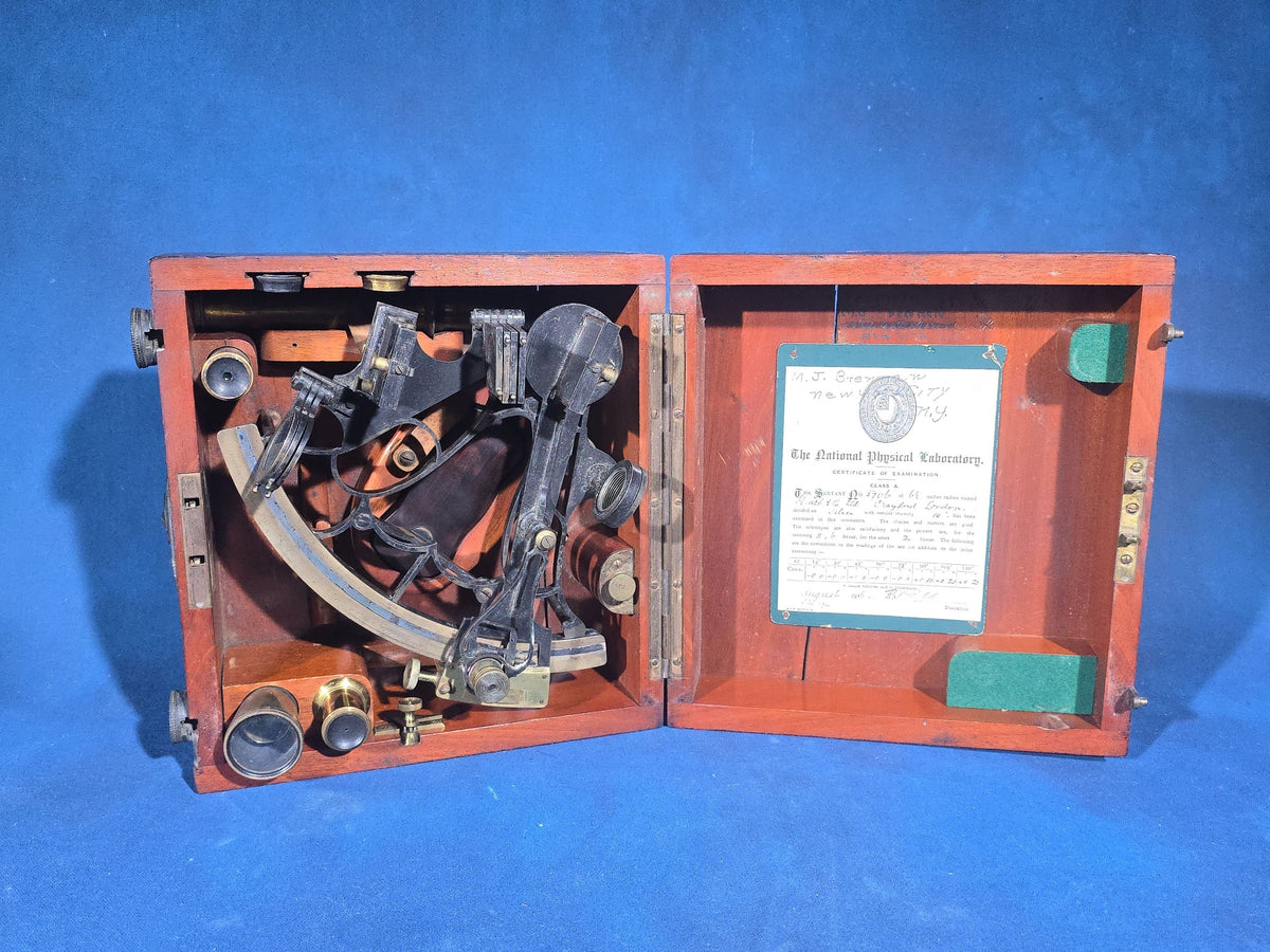 Antique Maritime Sextant No. 5706, Manufactured by Heath & Co. Ltd., Crayford, London, Engraved "Humphrey Matthews. R.N.," in Mahogany Case with 1916 National Physical Laboratory Certificate
