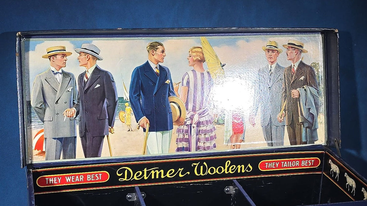 Vintage Detmer Woolens Advertising Store Display Sample Box with Beach Scene Lithograph, Model D 1H