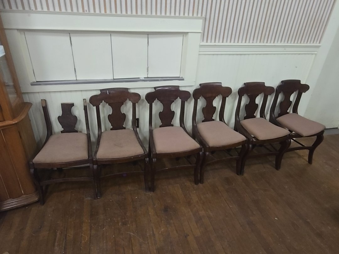 Pair dark wood upholstered chairs