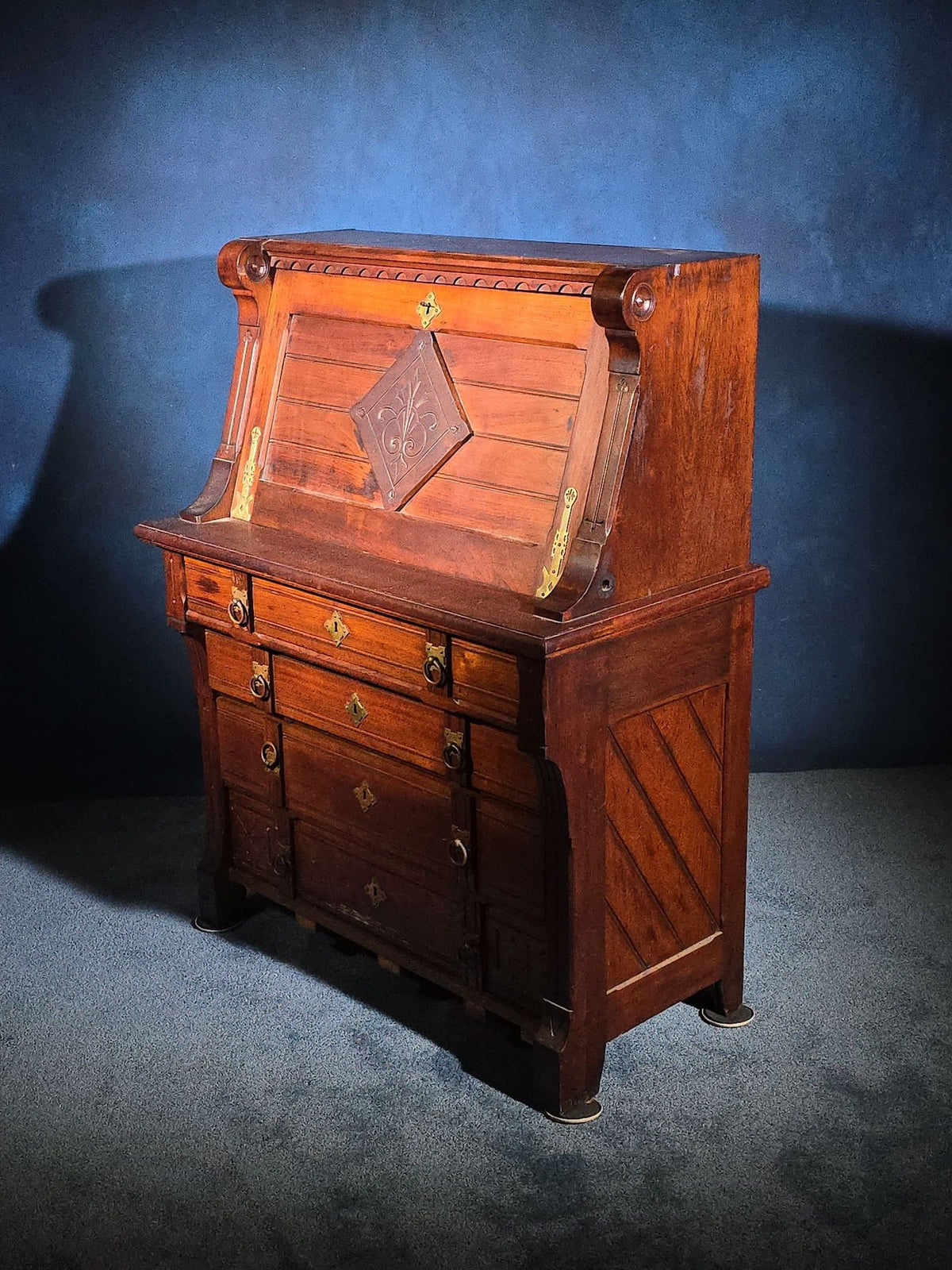 Antique Eastlake Drop-Front Desk with Brass Hardware