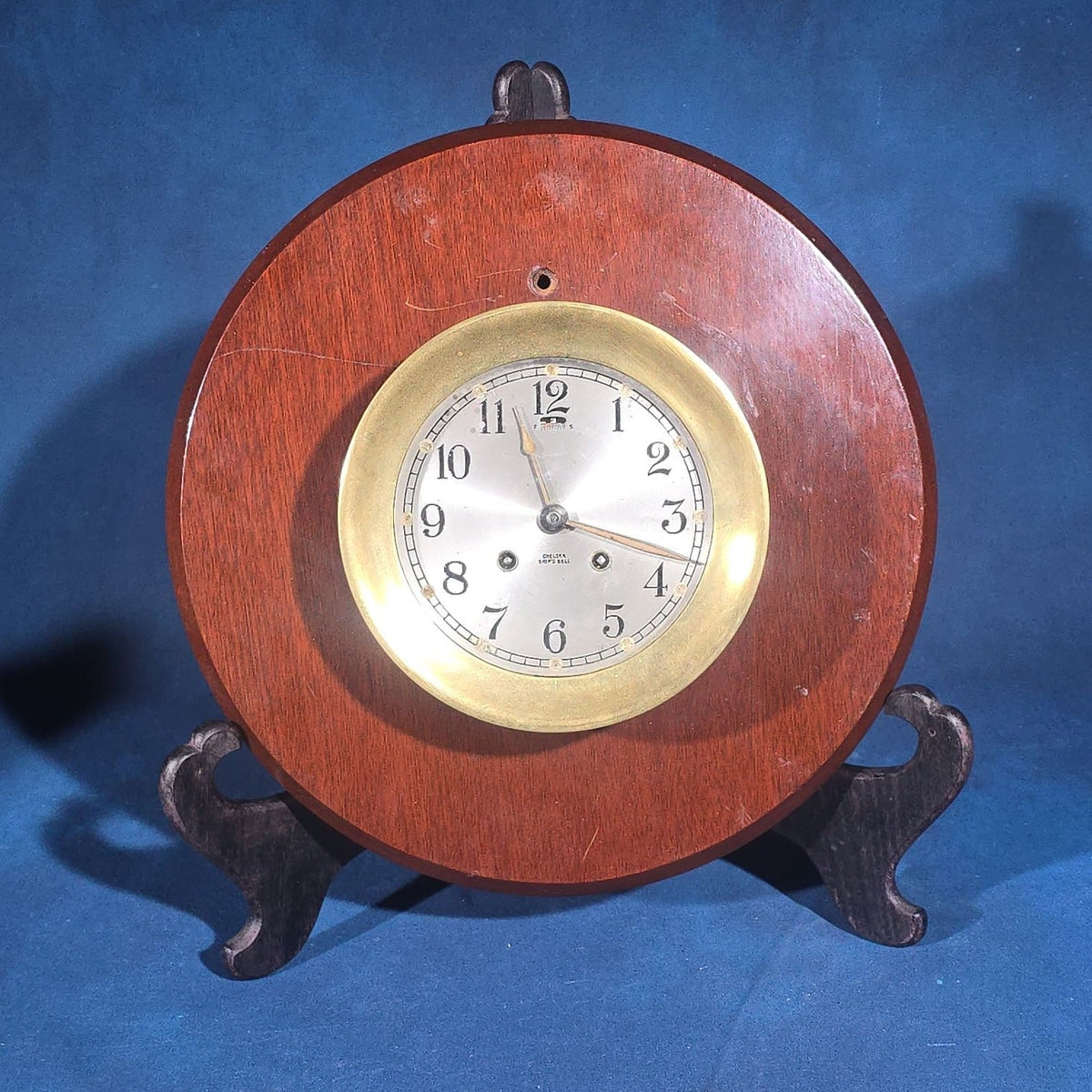 Vintage Chelsea Ship's Bell Clock on Wooden Shield Mount, Serial Number 313872