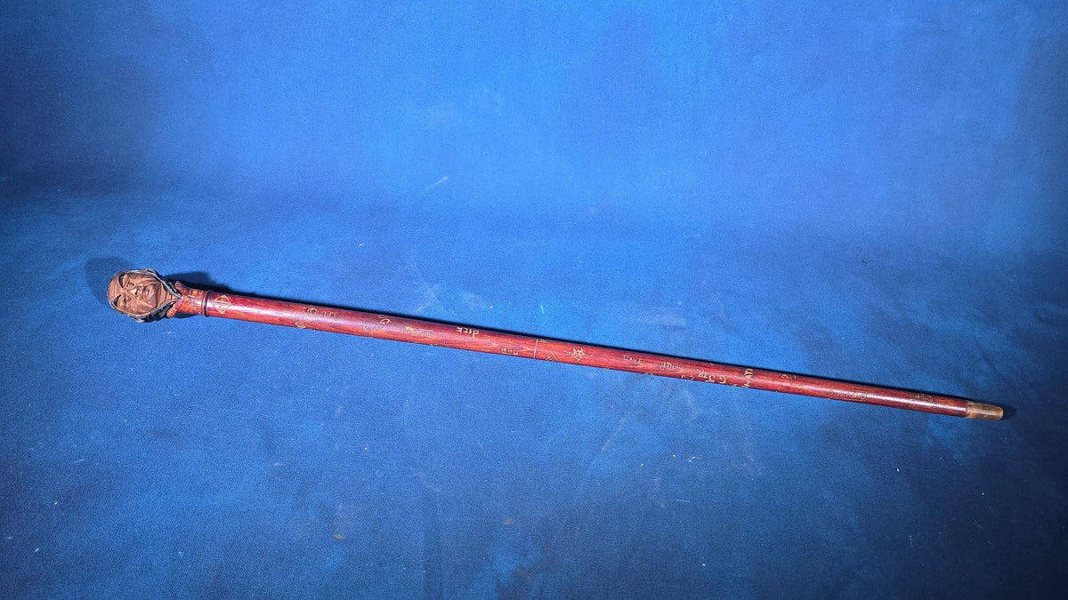 Antique Hand-Carved Fraternal Walking Stick with Carved Figural Native American Bust Handle, Named to R. Frothingham