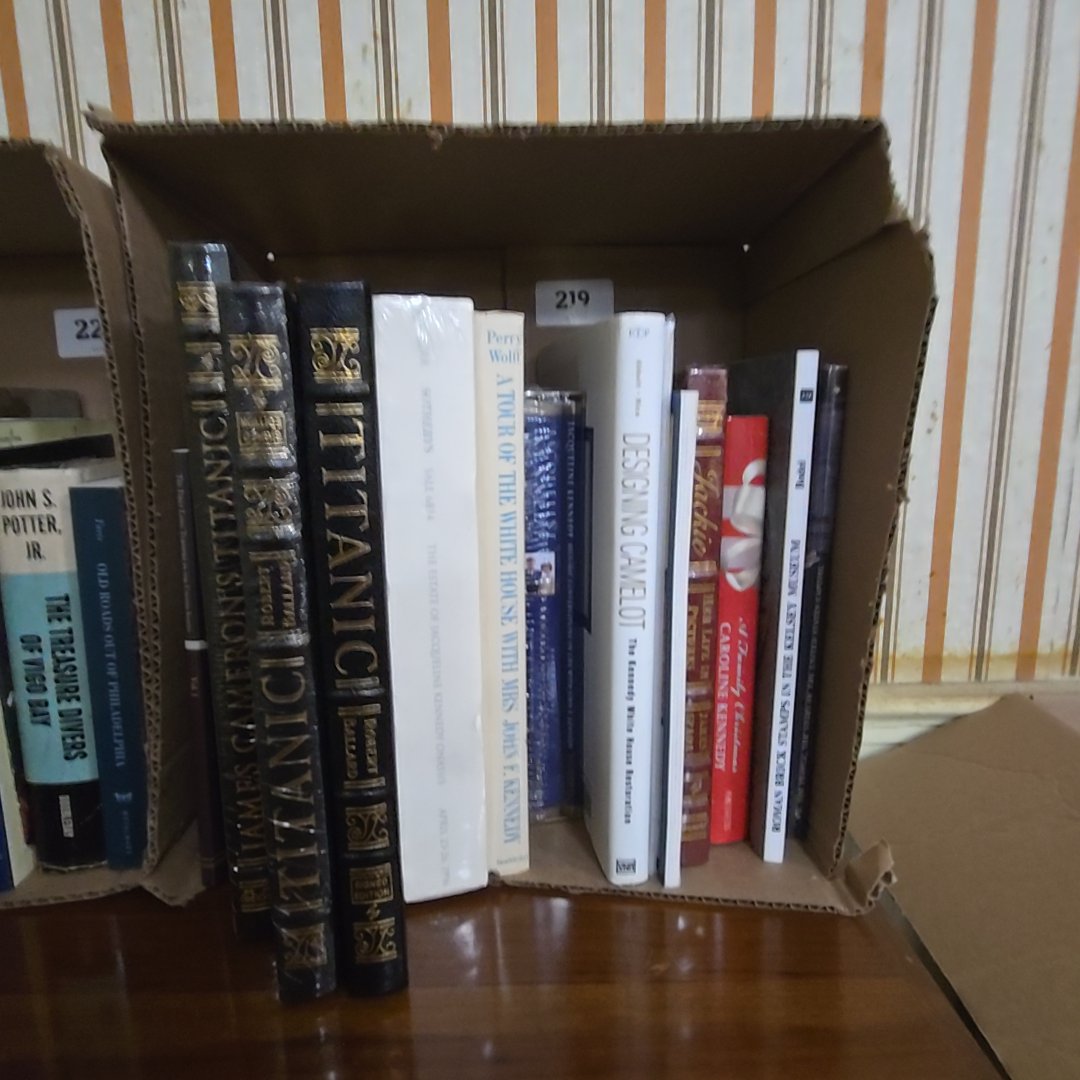 box lot of books, Titanic and Kennedys