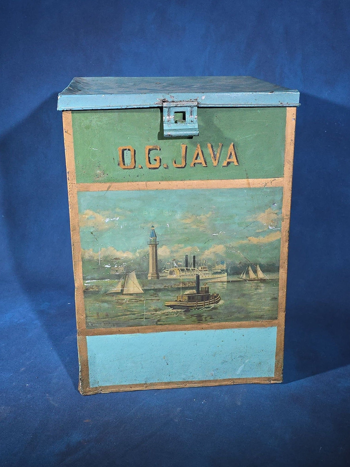 Antique O.G. Java Tin Lithograph Coffee Bin with Harbor Scene