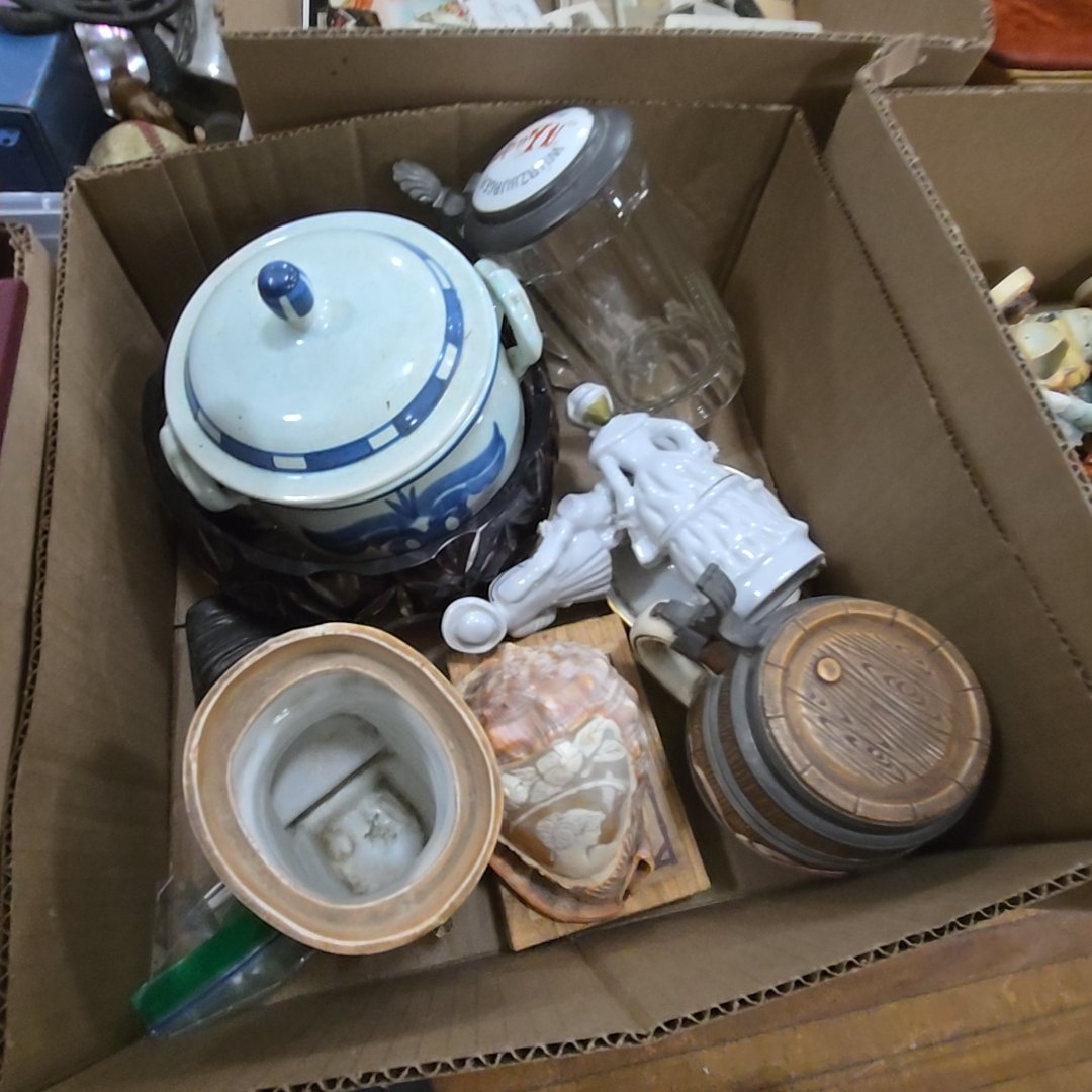 box lot of pottery and glass including Cameo shell and Stein