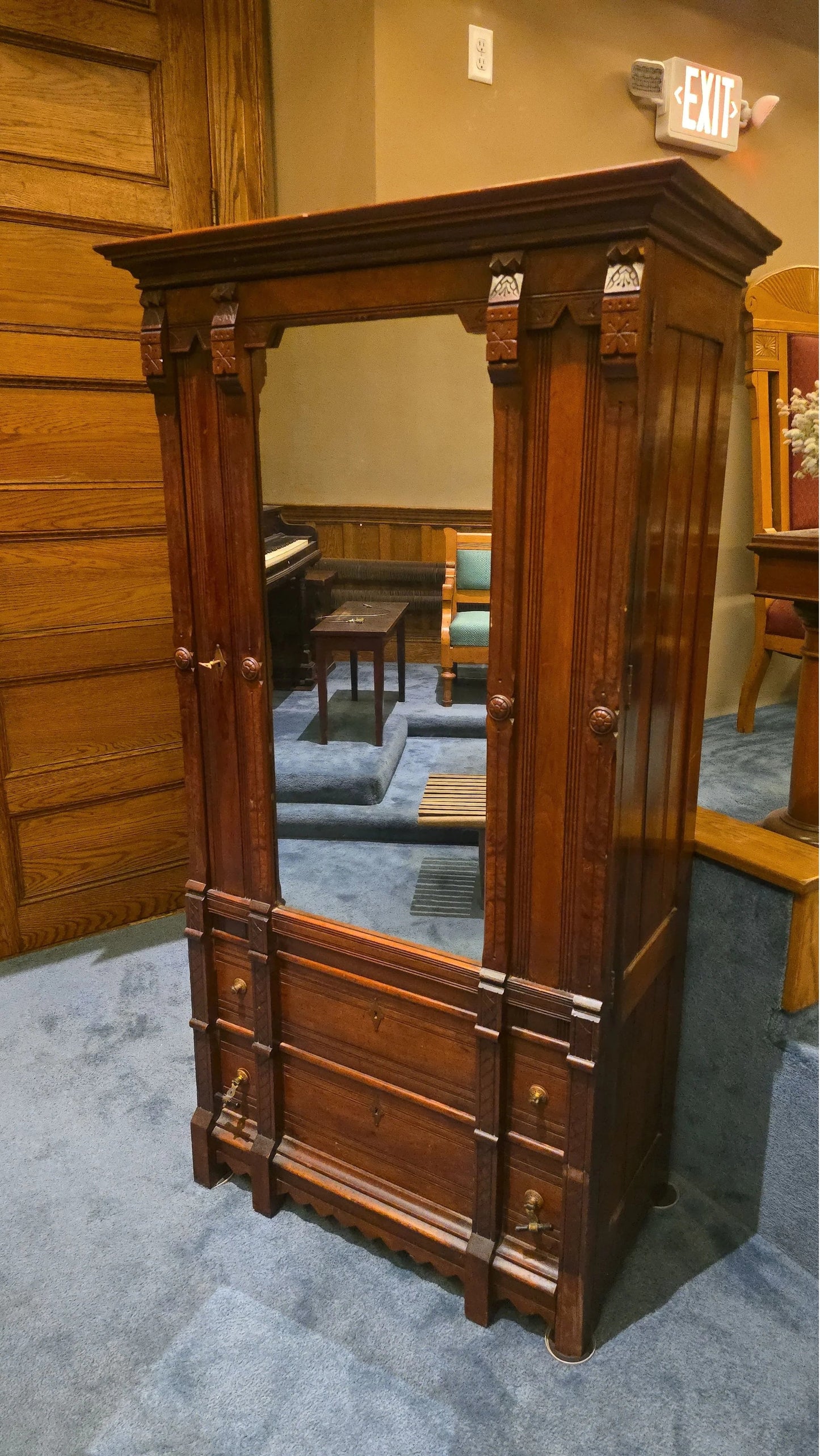 Antique Eastlake Walnut Mirrored Door Cabinet with Interior Drawers and Knapp Joinery