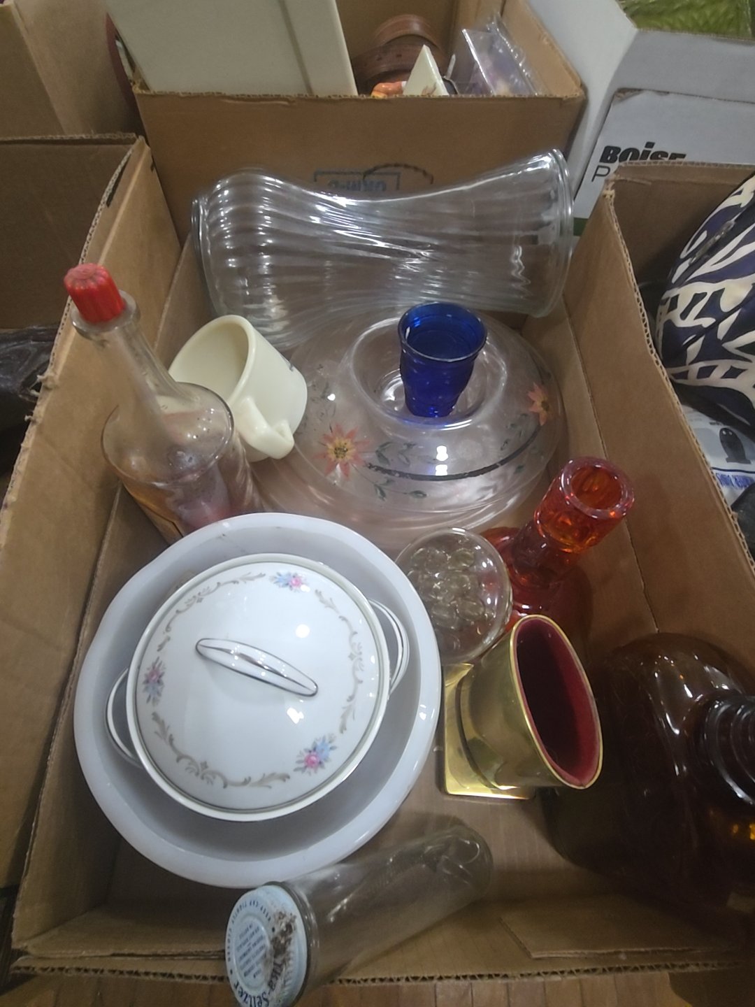 box lot of decorative glass including Flower Frog perfume bottle and more