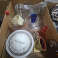 Lot 022 - Box Lot of Decorative Glass Including Flower Frog Perfume Bottle and More