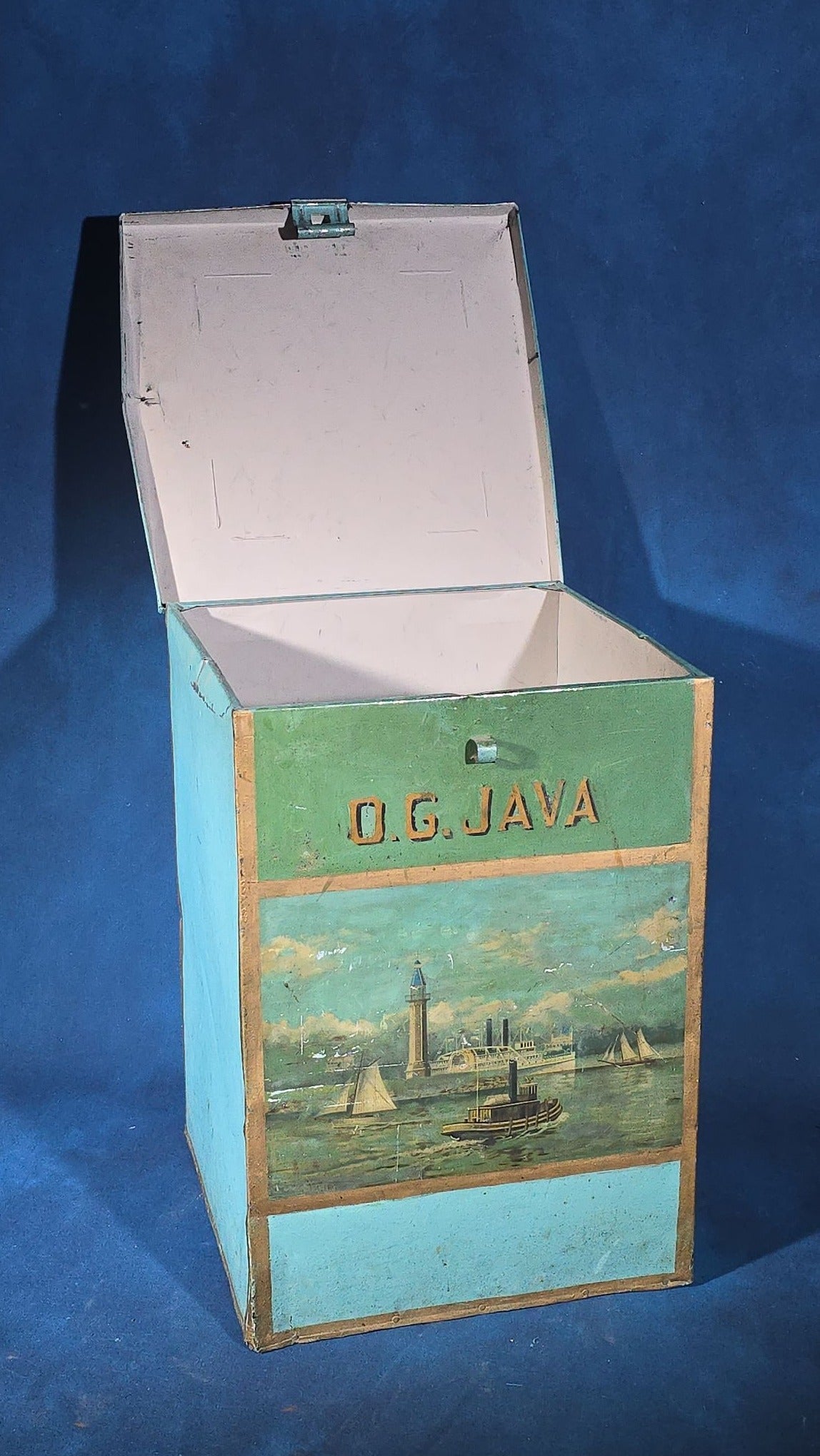 Antique O.G. Java Tin Lithograph Coffee Bin with Harbor Scene