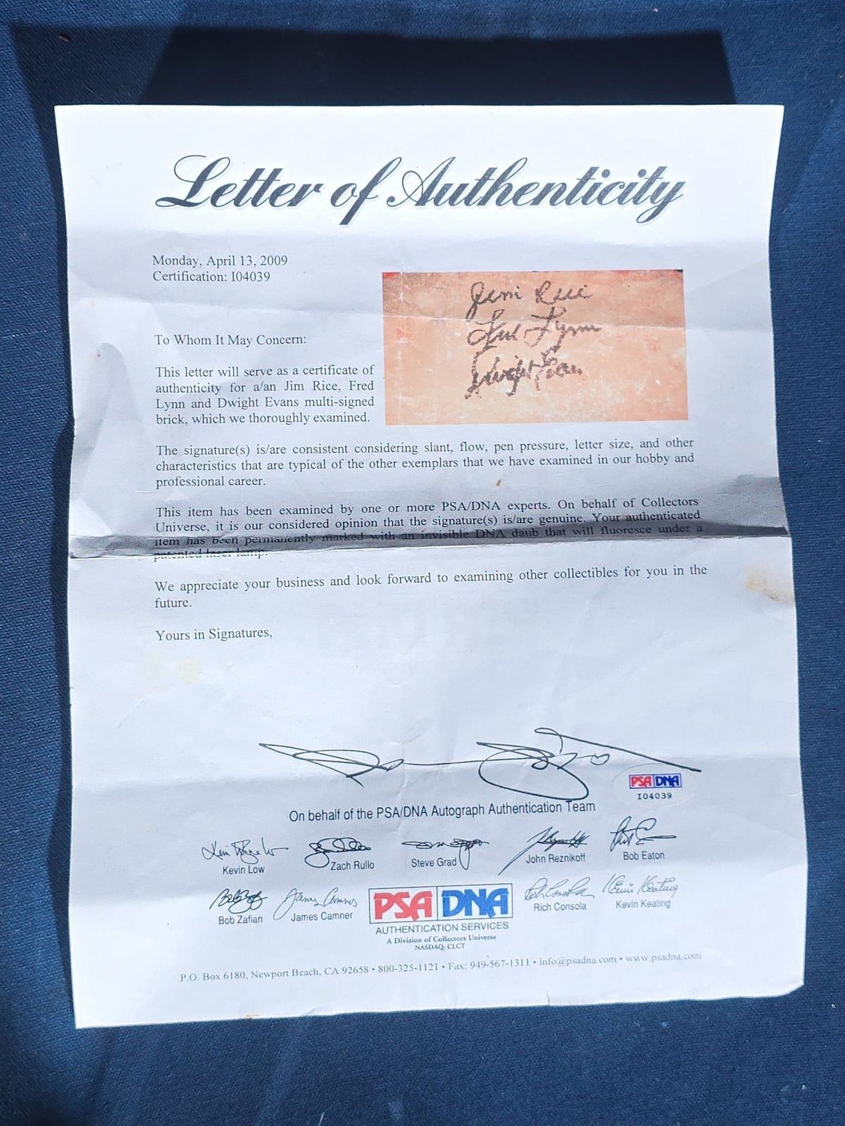 Vintage Fenway Park Brick Signed by Jim Rice, Fred Lynn, and Dwight Evans with PSA/DNA Letter of Authenticity, in Display Case