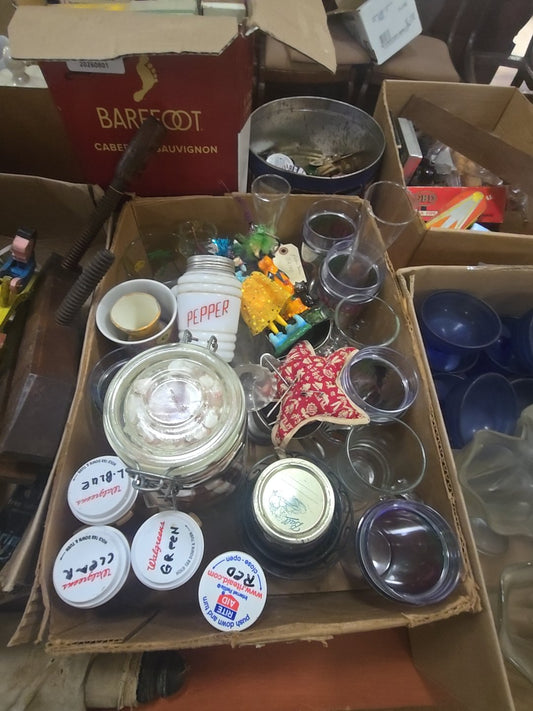 box lot of miscellaneous glassware including pepper shaker