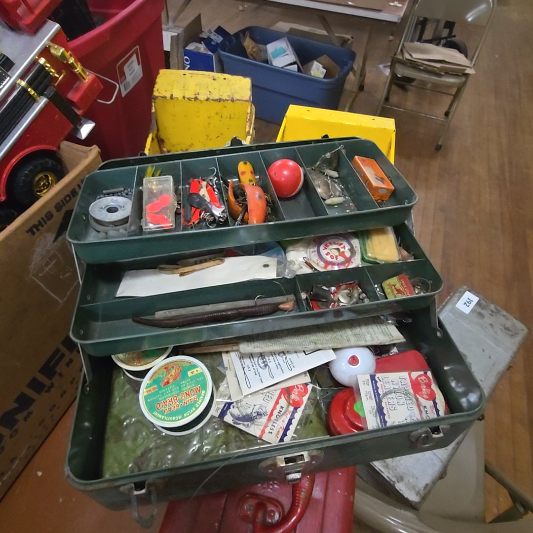 blue tackle box with contents
