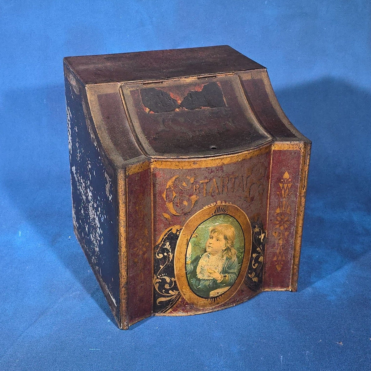 Antique Tin Lithograph General Store Cream of Tartar Bin with Child Portrait Medallion