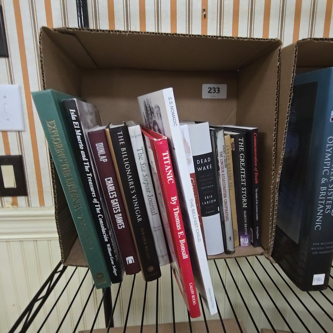 box lot of books, dead wake and more maritime