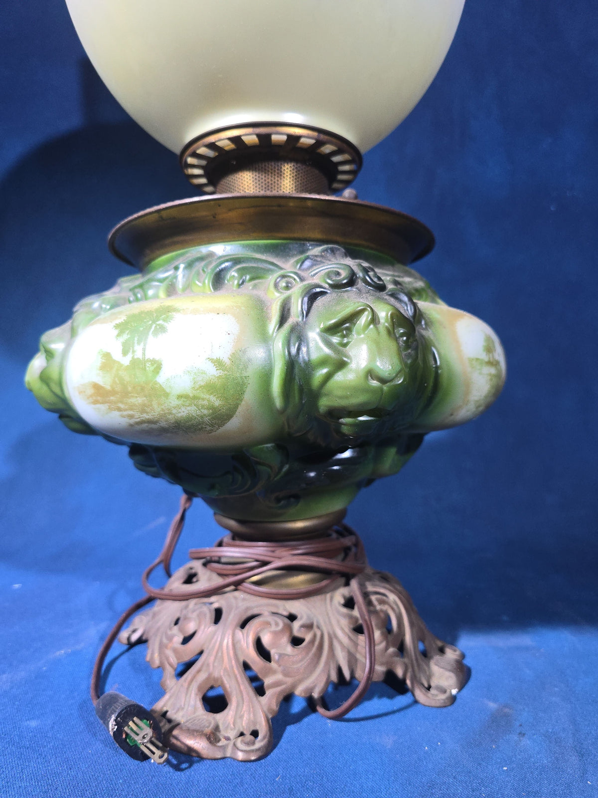 Antique Converted Kerosene Parlor Lamp with Lion Head Font and Tropical Scenes, Frosted Globe and Chimney, Font Marked Miller