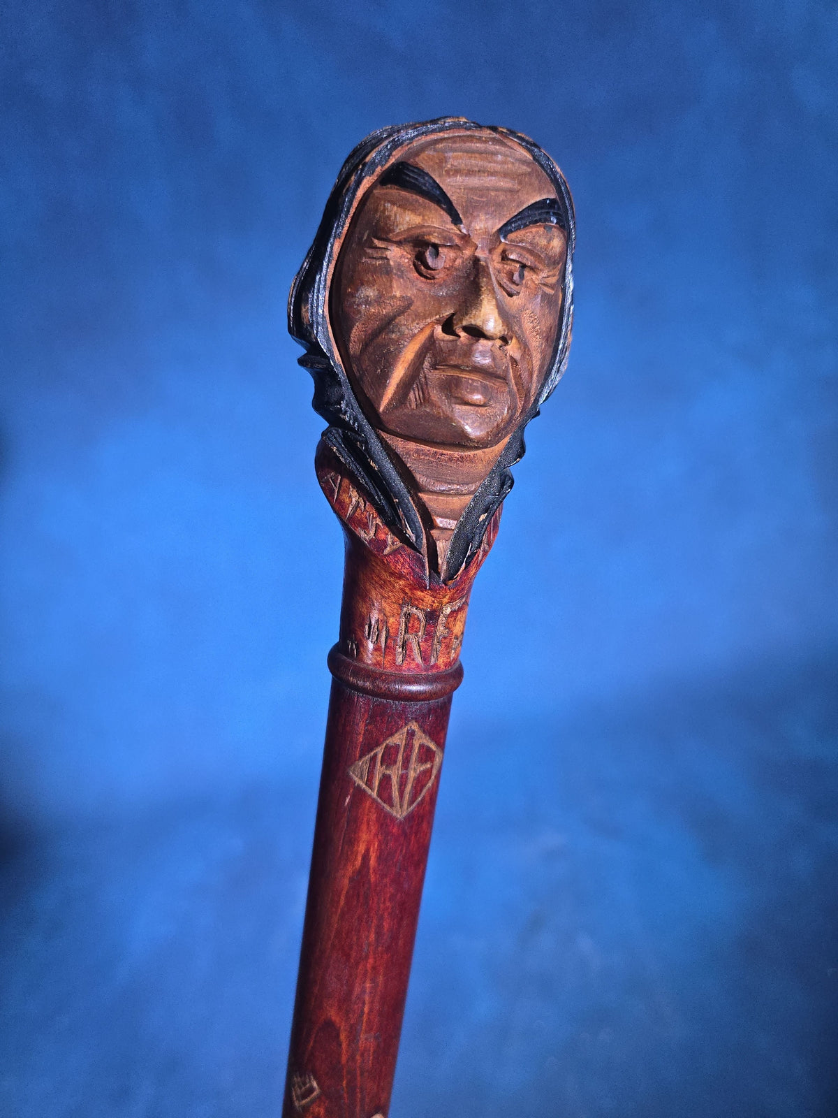 Antique Hand-Carved Fraternal Walking Stick with Carved Figural Native American Bust Handle, Named to R. Frothingham