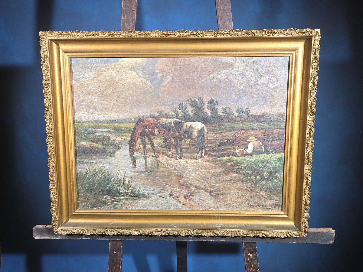 Antique Oil Painting on Canvas, Horses Drinking at a Stream with Seated Figure in Rural Landscape, Signed Oscar Carlsson, 1916