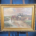 Lot 009 - Antique Oil Painting on Canvas, Horses Drinking at a Stream with Seated Figure in Rural Landscape, Signed Oscar Carlsson, 1916, 36-1/8" W x 28-1/4" H