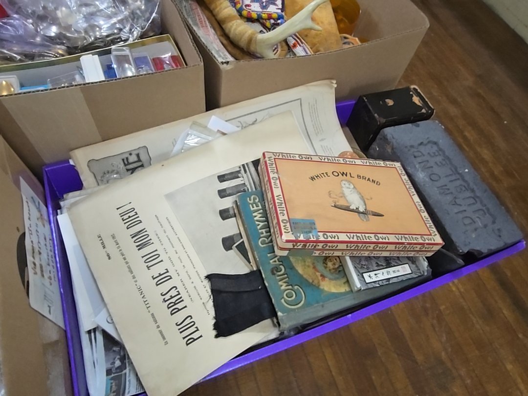 box lot of ephemera including white owl box and Titanic pamphlet and diamonds Jubilee brick (damaged)