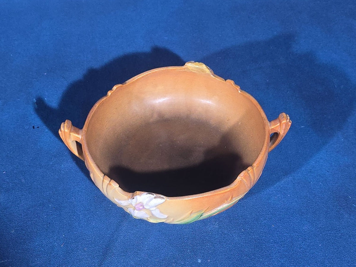 Pair of Vintage Roseville Pottery Pieces including Snowberry Pattern Pedestal Vase 1UR-8 in Pink and Iris Pattern Console Bowl 360-6 in Brown, Note Chips to Both Pieces