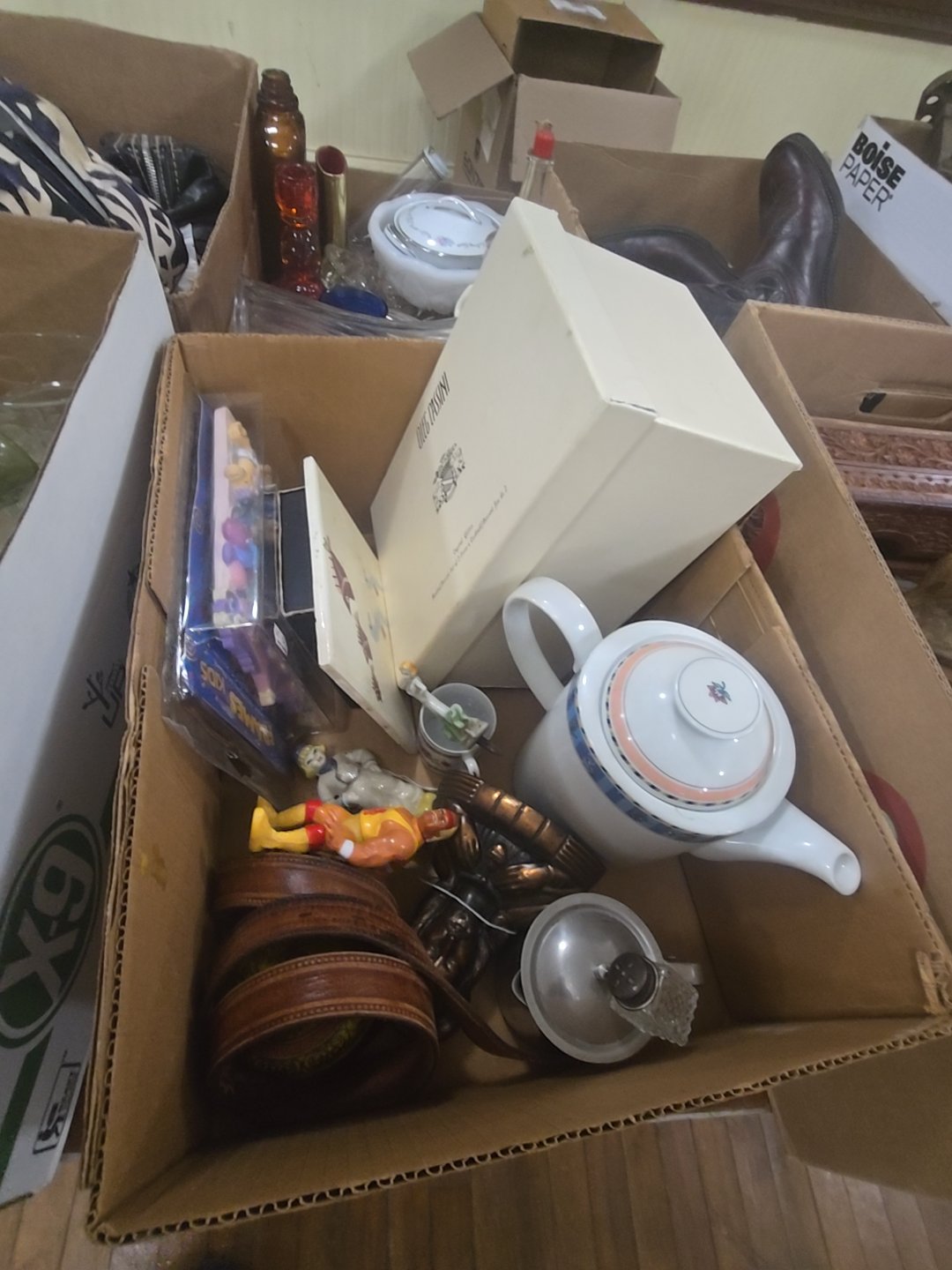 box lot with Oleg Cassini Crystal Glitters Hulk toy Jesus statue tin and more