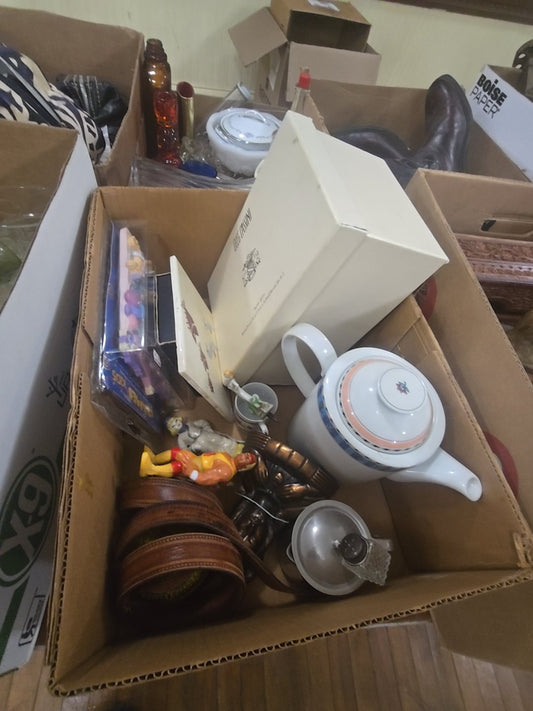 box lot with Oleg Cassini Crystal Glitters Hulk toy Jesus statue tin and more