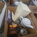 Lot 019 - Box Lot with Oleg Cassini Crystal Glitters Hulk Toy Jesus Statue Tin and More