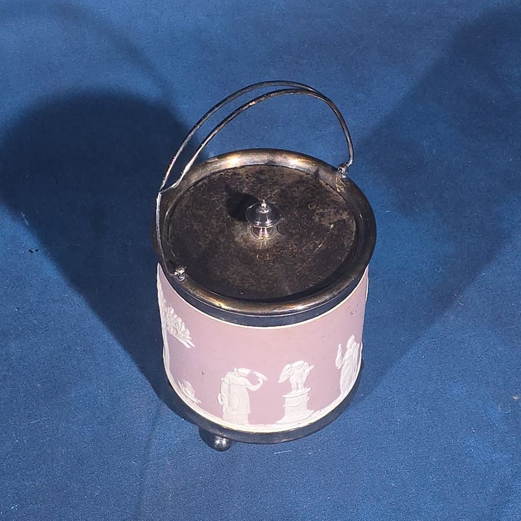 Antique Wedgwood Lilac Jasperware Biscuit Barrel with Silver-Plated Lid, Handle, and Base