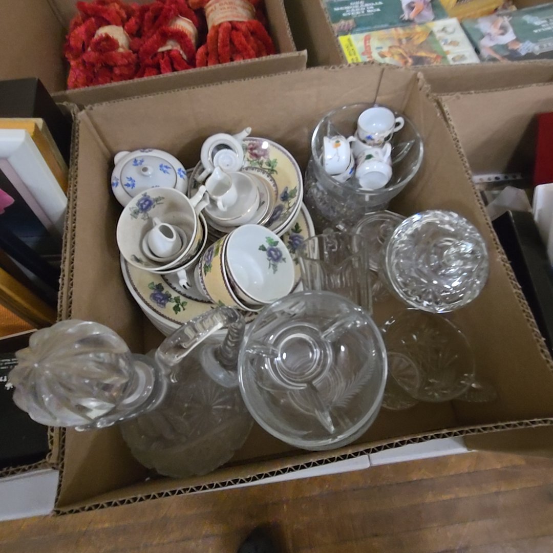 box lot of glass and dinnerware