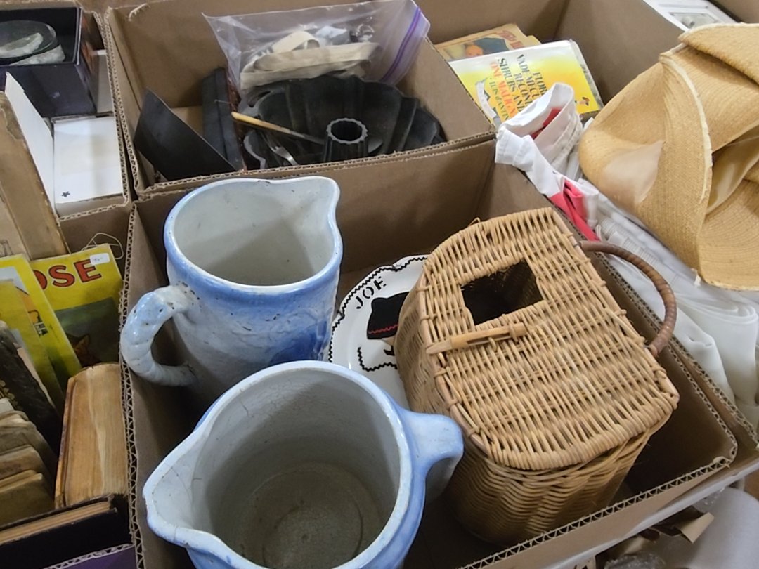 box lot with pictures and fishing basket