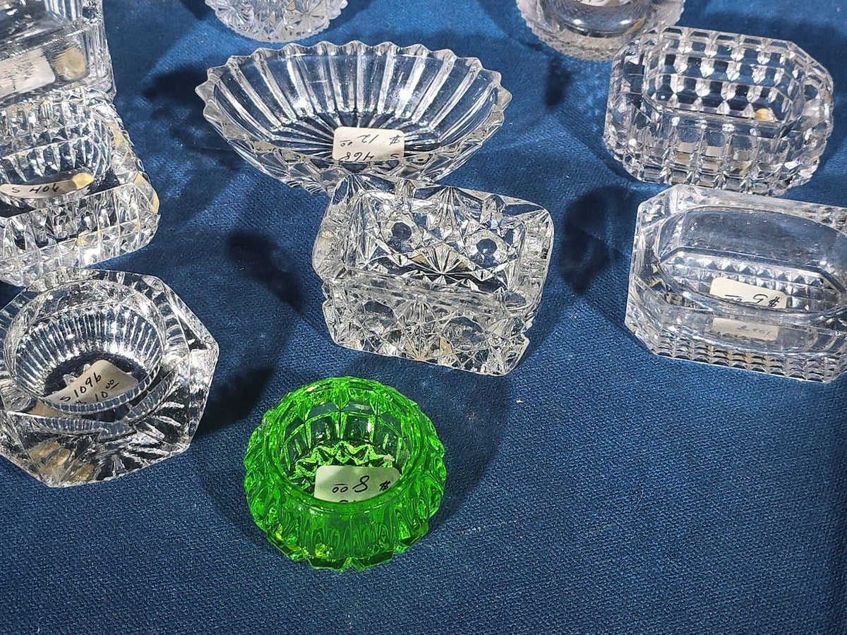 Grouping of 20 Antique and Vintage Pressed and Cut Glass Salt Cellars including Uranium Glass Salt Cellar