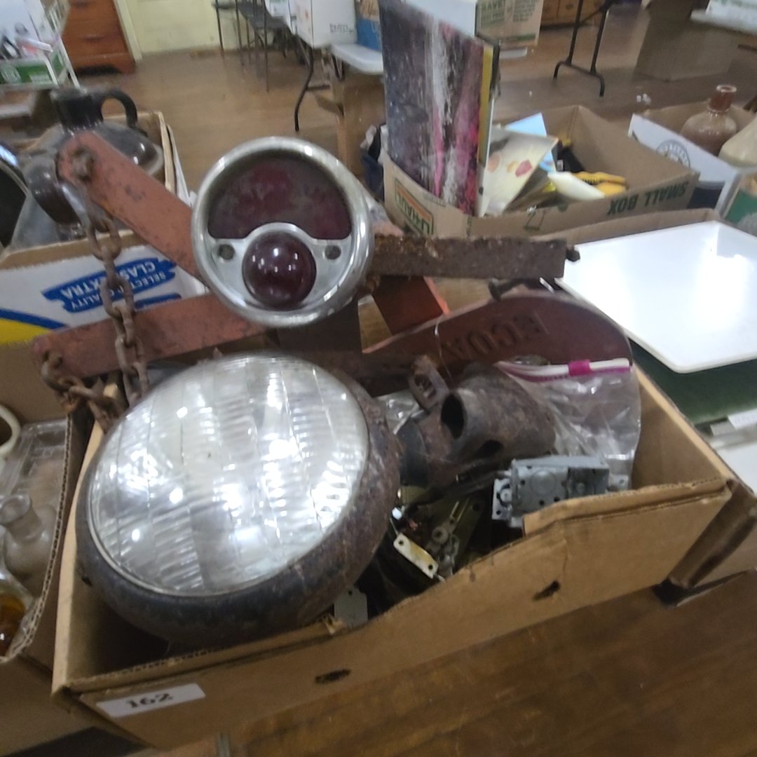 box lot with tools and Automotive lights