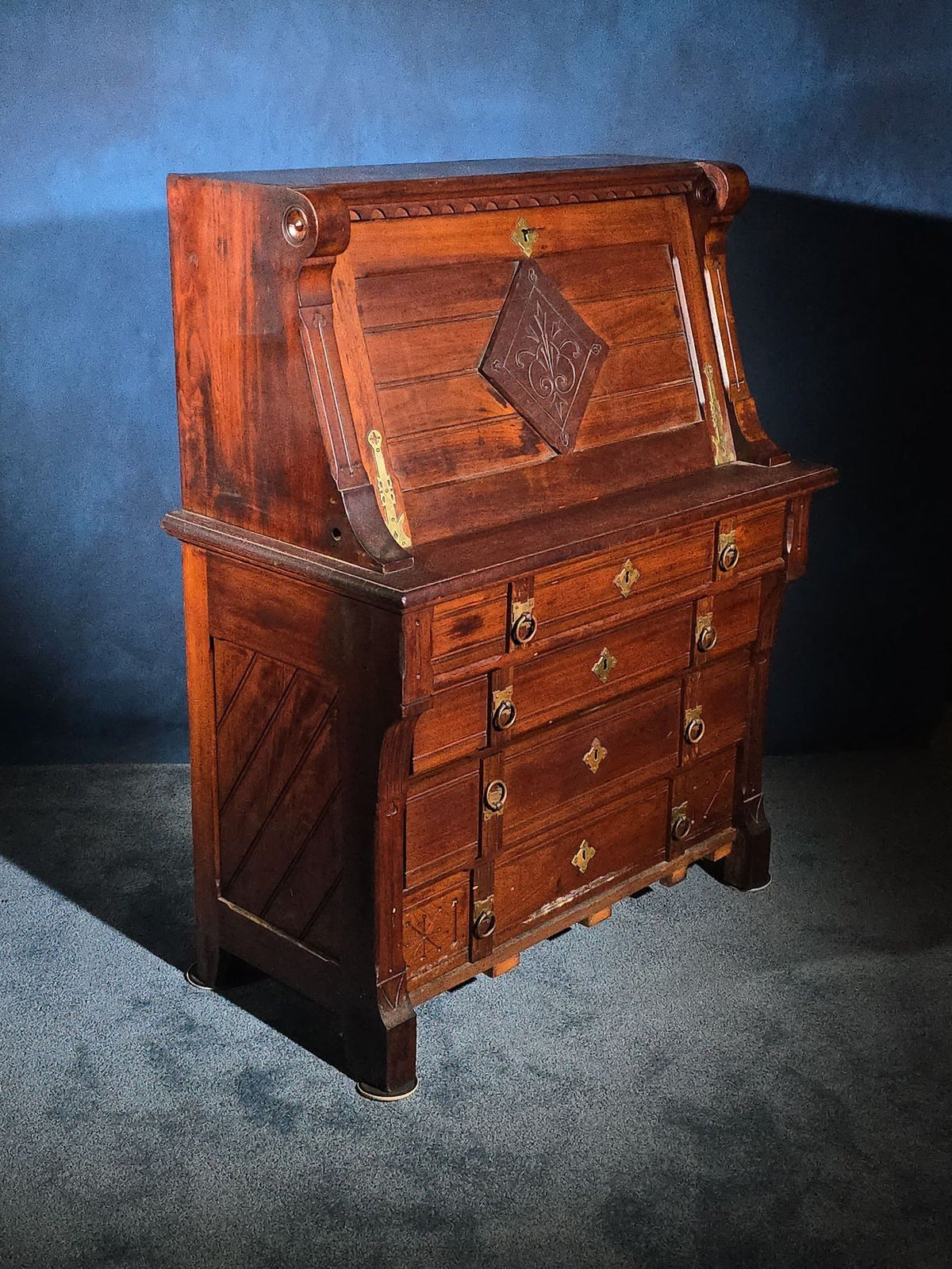 Antique Eastlake Drop-Front Desk with Brass Hardware