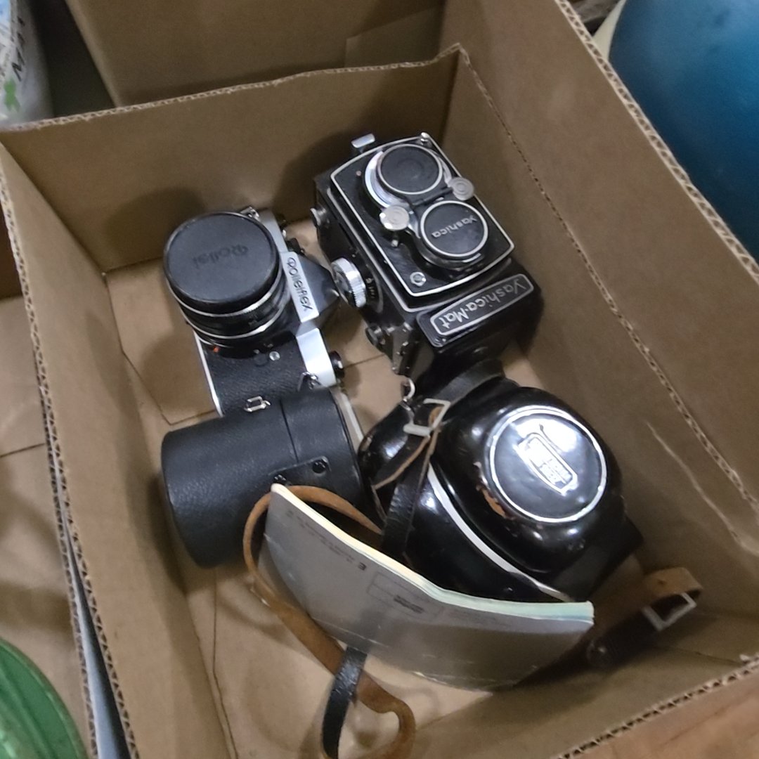 box lot of vintage cameras