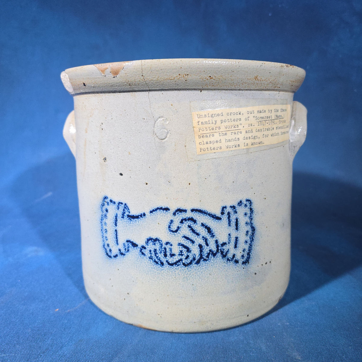 Antique Salt-Glazed Stoneware Crock with Blue Stenciled Clasped Hands Design, Attributed to Somerset Potters Works, Somerset, Massachusetts, Circa 1847-1891