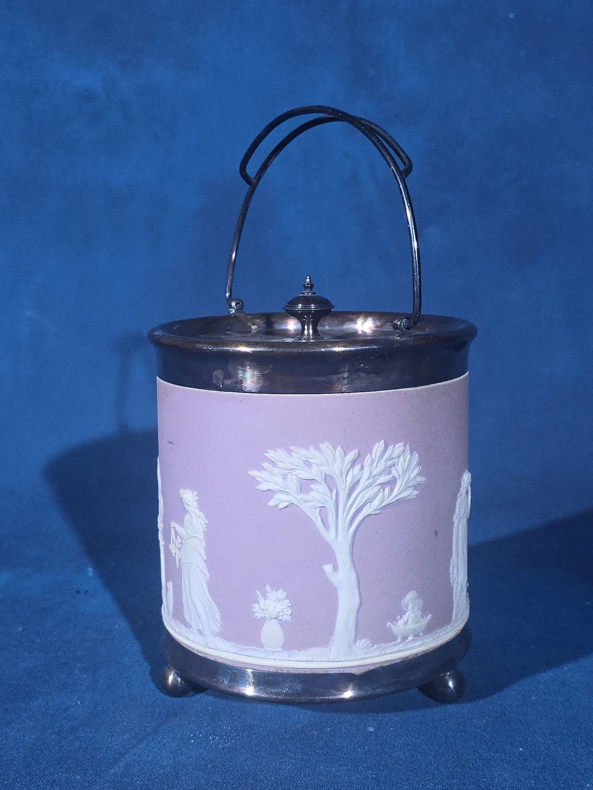 Antique Wedgwood Lilac Jasperware Biscuit Barrel with Silver-Plated Lid, Handle, and Base