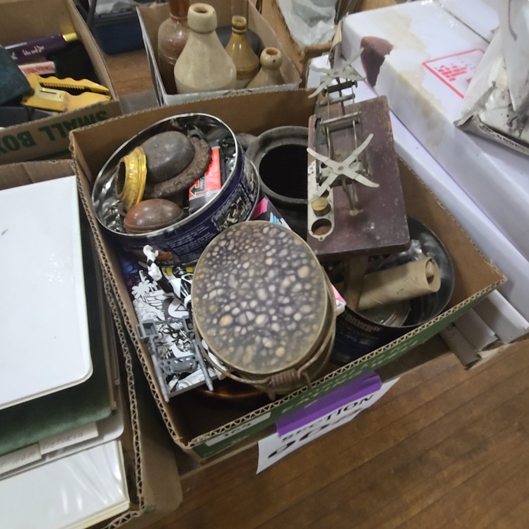 box lot of miscellaneous including Crock dresser mirror scale and Hardware
