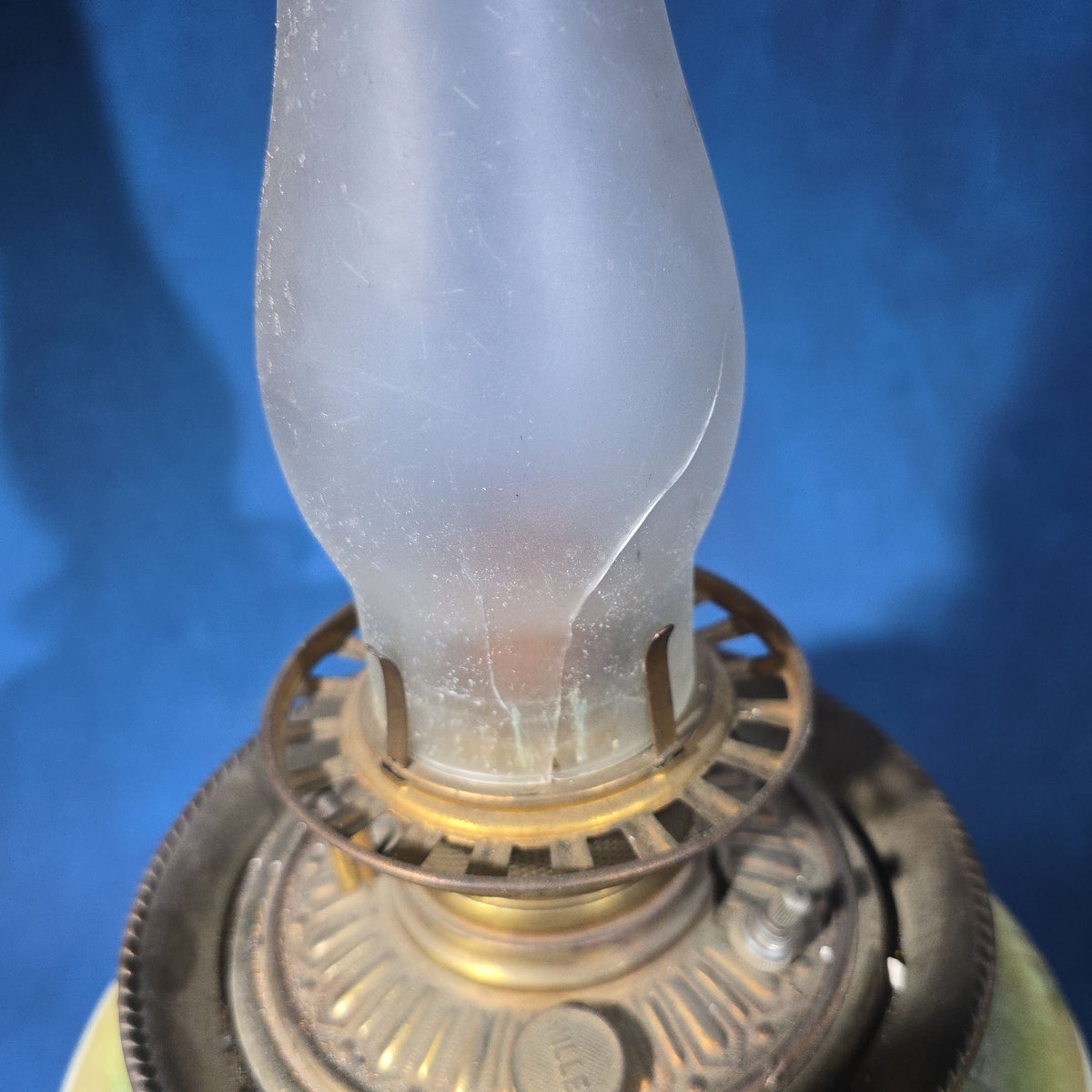 Antique Converted Kerosene Parlor Lamp with Lion Head Font and Tropical Scenes, Frosted Globe and Chimney, Font Marked Miller