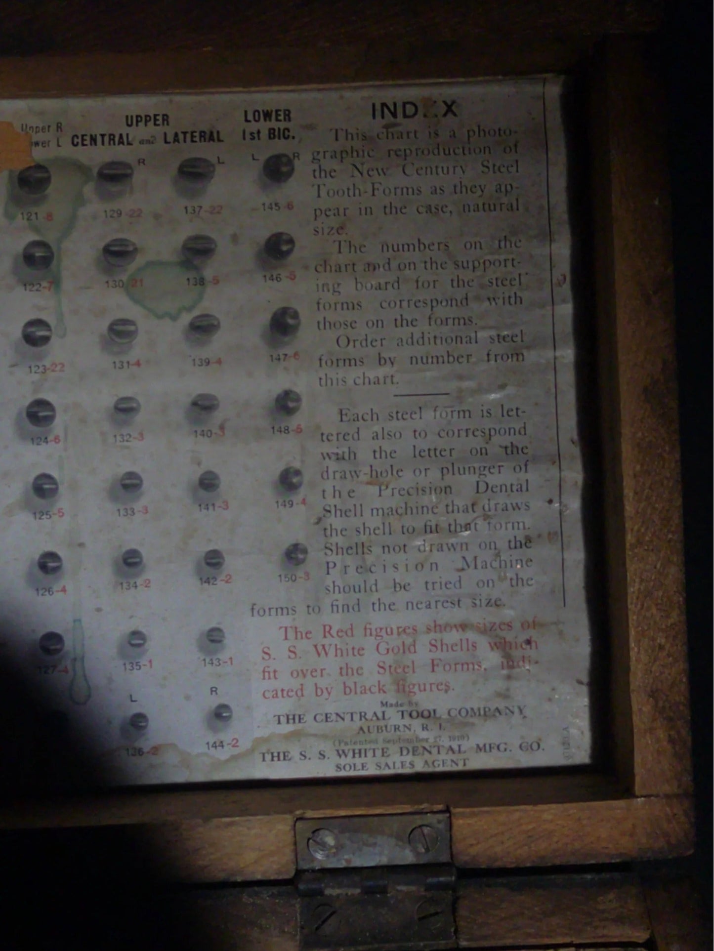 Antique S.S. White Dental Mfg. Co. Steel Tooth Die Set in Wooden Case with Indexed Chart