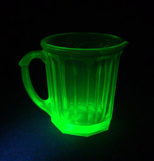 Vintage Green Uranium Glass Paneled Pitcher, Manufactured by A&J, UV Reactive, Marked "Patent Applied For"