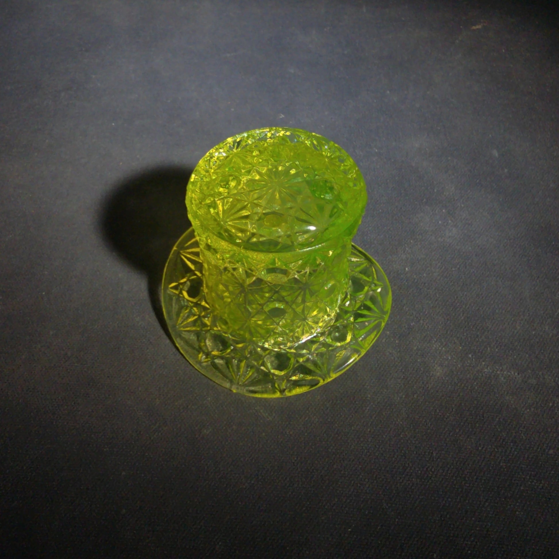 Antique Uranium Glass Top Hat Toothpick Holder with Daisy and Button Pattern, UV Reactive