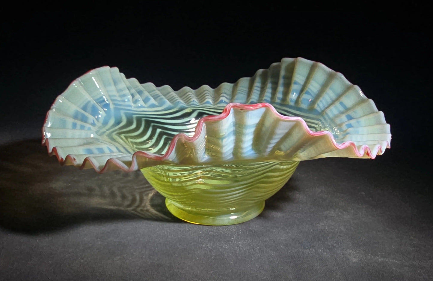 Vintage Fenton Uranium Glass Blue Opalescent Spiral Optic Crimped Ruffled Rim Bowl with Cranberry Edge, Circa 1939, UV Reactive