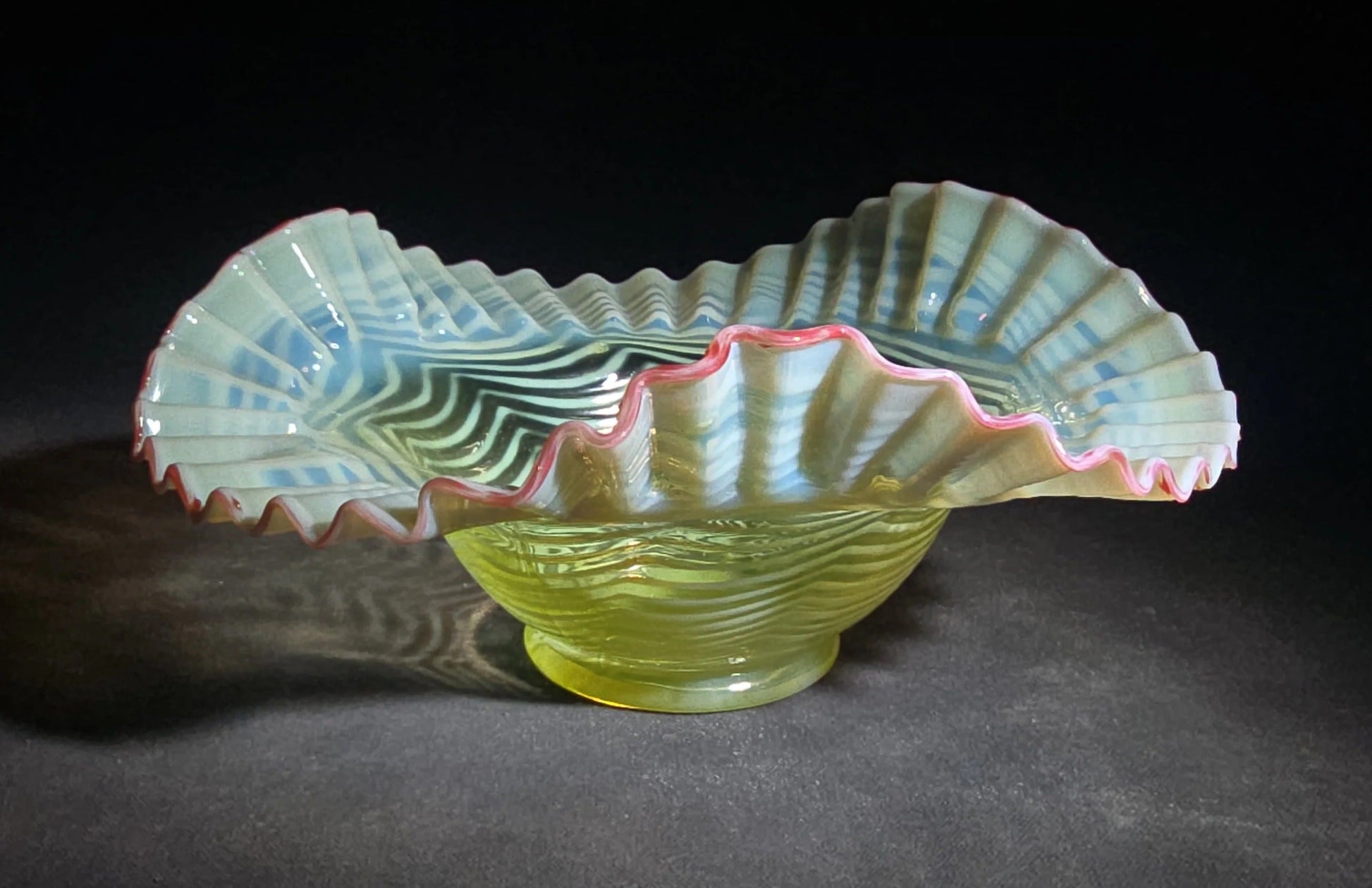 Vintage Fenton Uranium Glass Blue Opalescent Spiral Optic Crimped Ruffled Rim Bowl with Cranberry Edge, Circa 1939, UV Reactive